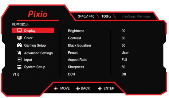 Pixio PXC348C 34 Inch UWQHD VA 144Hz Gaming Monitor - OSD Menu