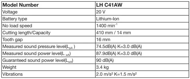 YARD FORCE 20V Cordless Pole Hedge Trimmer - TECHNICAL SPECIFICATIONS