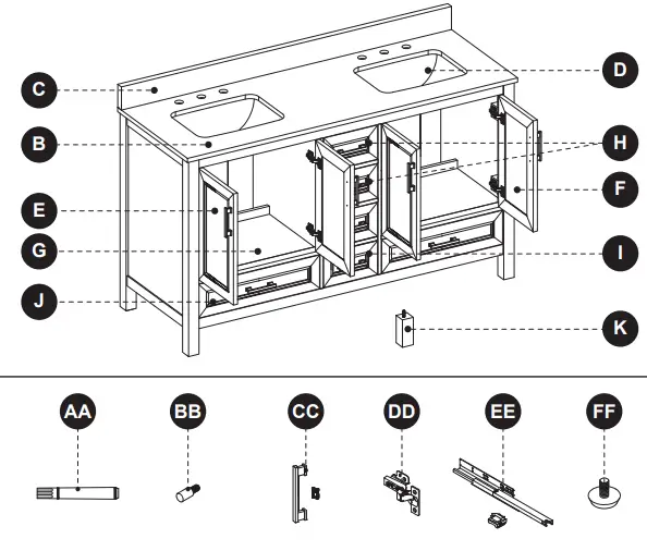 allen roth 60-in Vanity With Top - REPLACEMENT PARTS LIST
