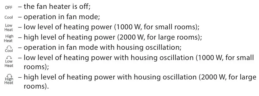 ARDESTO FHB-2000TW Tower Fan Heater - Set the operating mode switch