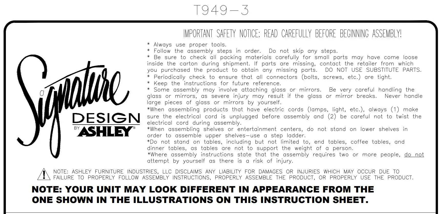 ASHLEY T9493 Forleeza End Table Instruction Manual