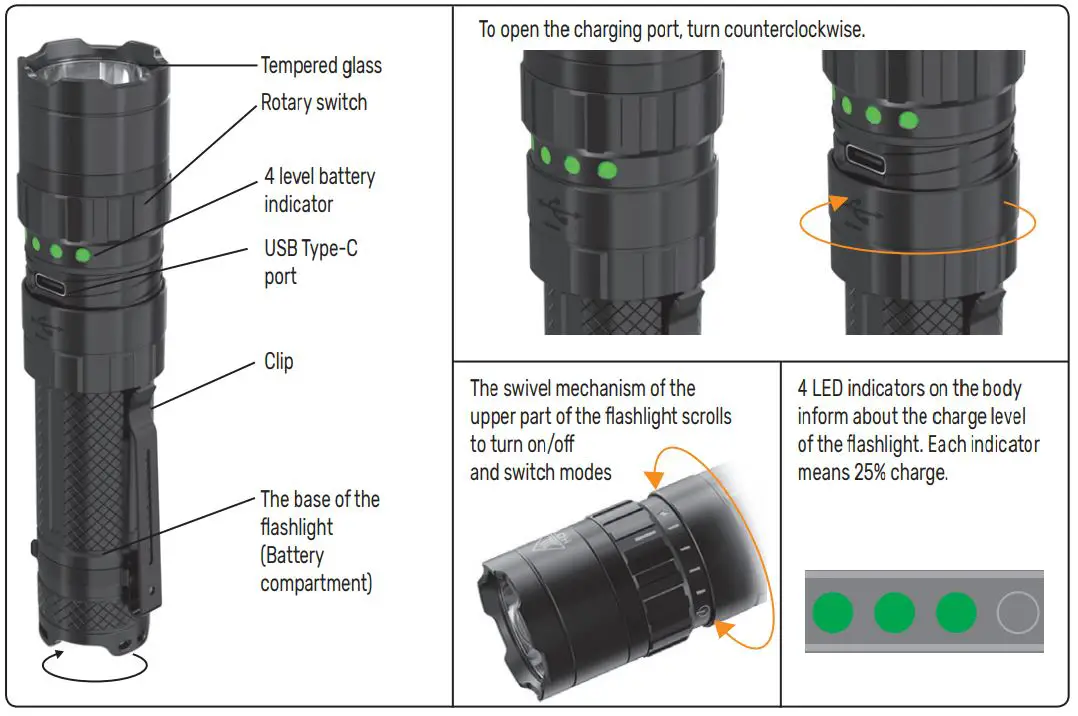 VIDEX VLF-A156R LED Rechargeable Flashlight User Manual - Product Overview