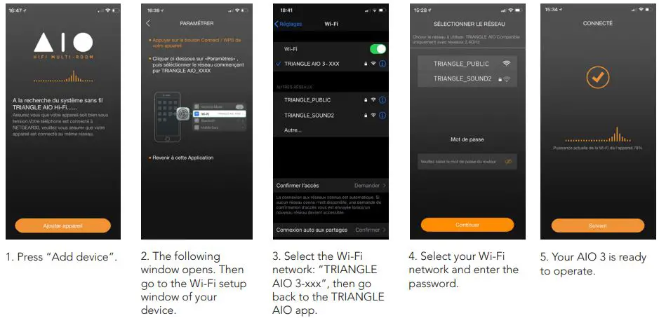 TRIANGLE HIFI AIO3 Wireless Bluetooth WiFi Speaker Owner's Manual - Lancer l’application puis suivre les instructions Pour les products iOS