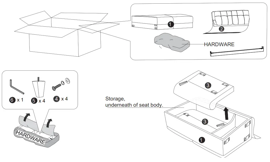 Polibi CB-2PLGLS-23 57.5 Inch and 79.9 Inch W Round Arm Linen Straight Sofas - storage