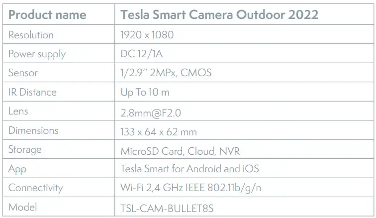TESLA TSL-CAM-BULLET8S Smart Camera Outdoor (2022) User Manual - TECHNICAL SPECIFICATION