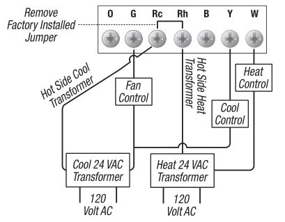 Braeburn Mercury-Free Mechanical Thermostats - Typical 5-Wire Two Transformer Heating and Cooling System