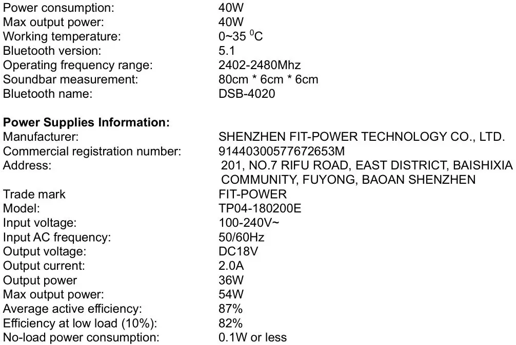 Denver Soundbar - Technical Specifications