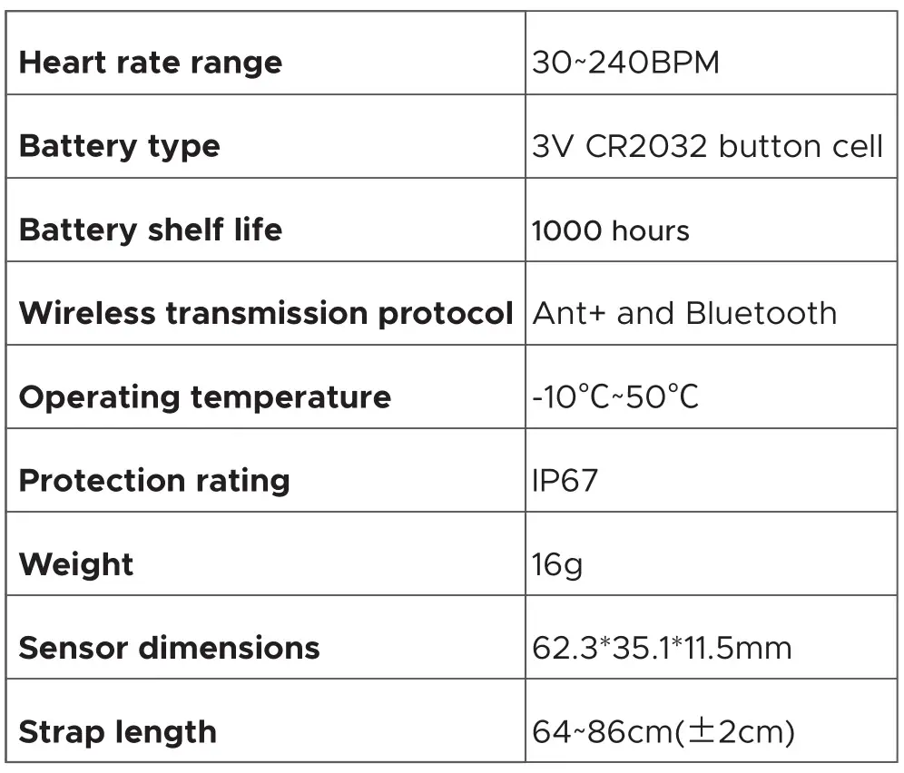 Magene H303 Heart Rate Sensor - Specifications