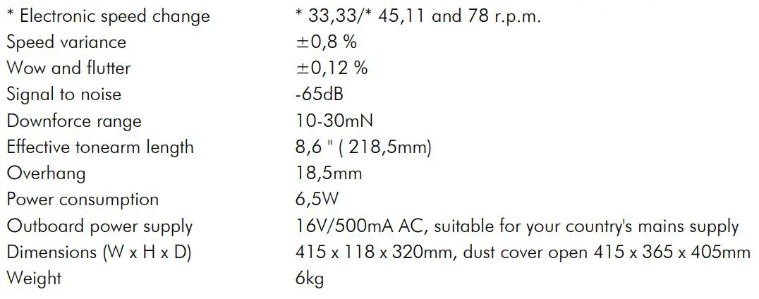Pro-Ject Debut III Phono SB Turntable with Preamplifier Instruction Manual - Technical Specifications