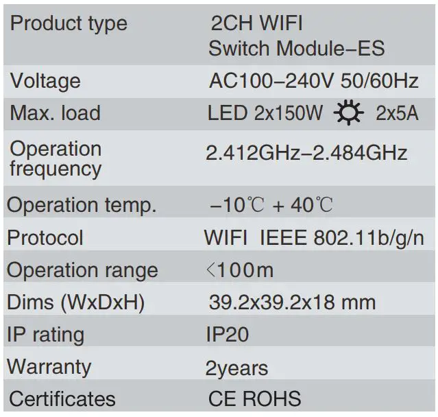 coolseer SML-02WB Wi-Fi+BLE 2CH Switch Module - TECHNICAL SPECIFICATIONS