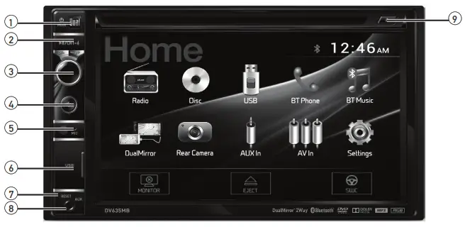 Dual DV635MB DVD Multimedia Receiver with Touch Screen Display - Control Locations