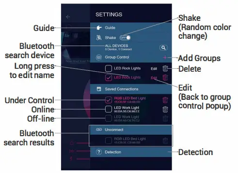 MICTUNING C2 Curved RGBW LED Rock Light - Settings Page