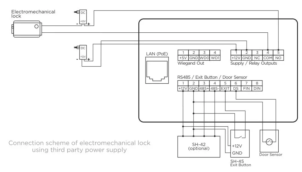 bas-IP AA-07FB Multi Apartment Entrance Panel with Face Recognition - Connection scheme of electromechanical lock using third party power supply