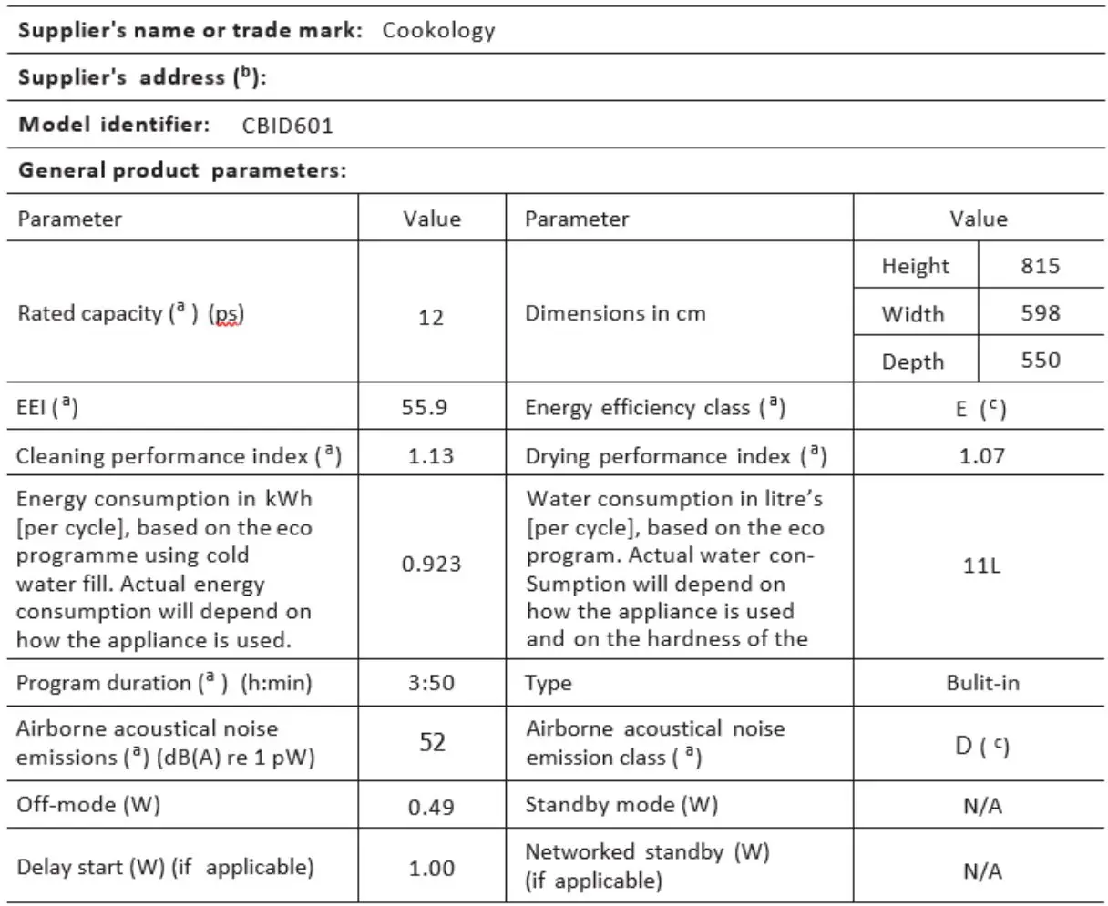COOKOLOGY CBID601 Dishwasher Instruction Manual - Product information sheet
