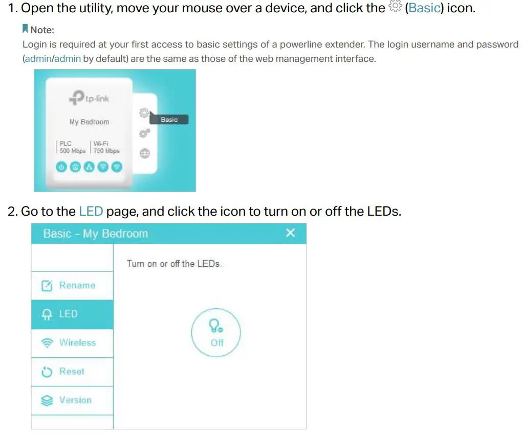 tp-link tpPLC Utility Computer Software for Powerline Adapters and Extenders User Guide - Turn On or Off the LEDs