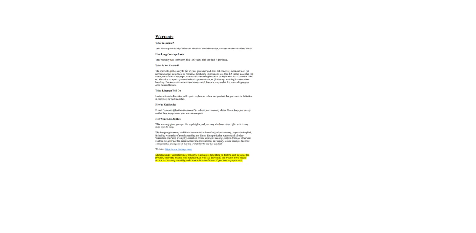 Linenspa Warranty Information Linenspa Warranty Information