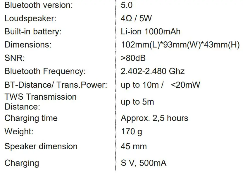 BEATFOXX WBS-18L SurfRider Bluetooth Speaker - Specifications