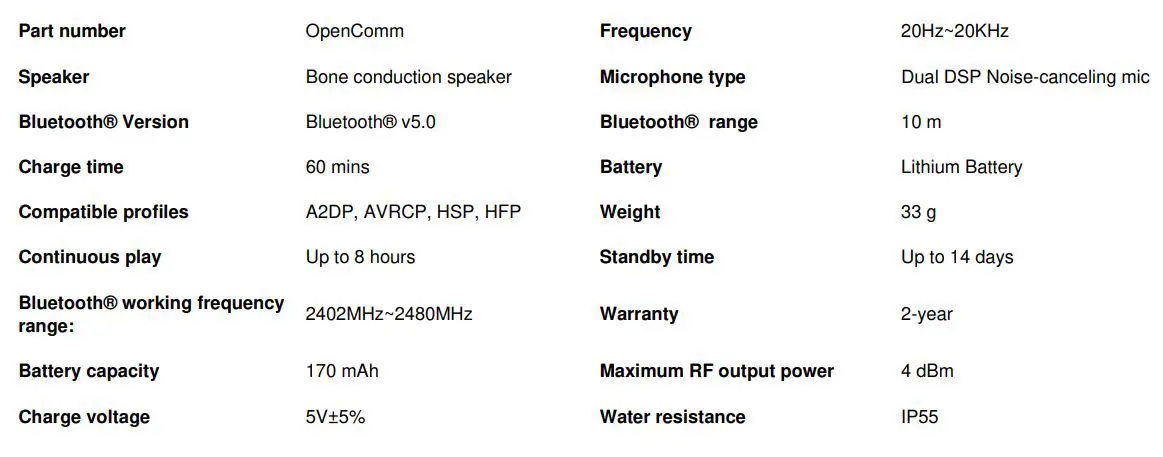 better1 Wireless Stereo Bone Conduction Bluetooth Headset User Manual - Technical Specifications