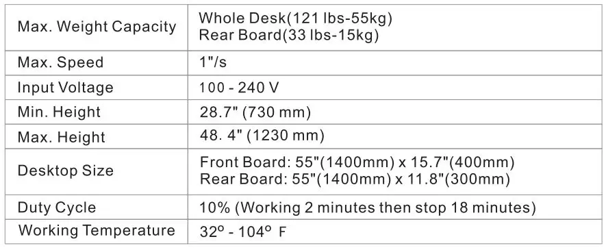 FLEXISPOT EF1B-5528B Duplex Standing Desk Installation Guide - Specifications
