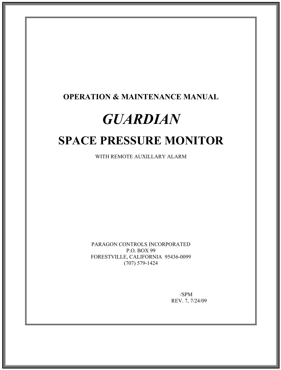 PARAGON CONTROLS SPM-1000-IOM Guardian Space Pressure Monitor Instruction Manual