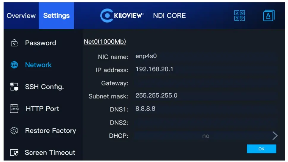 Network Settings menu
