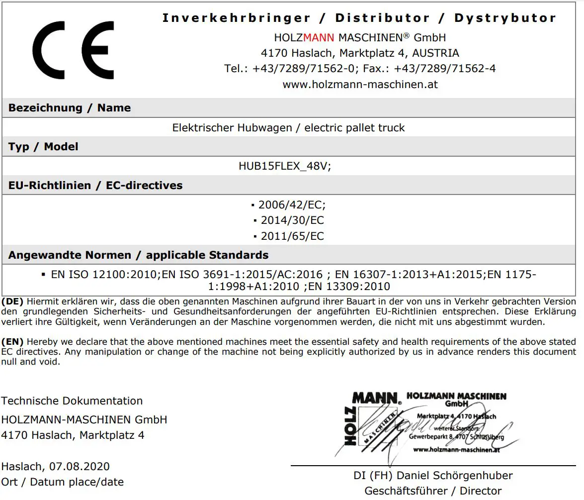 HOLZMANN HUB15FLEX 48V Electric Pallet Truck User Manual - Distributor
