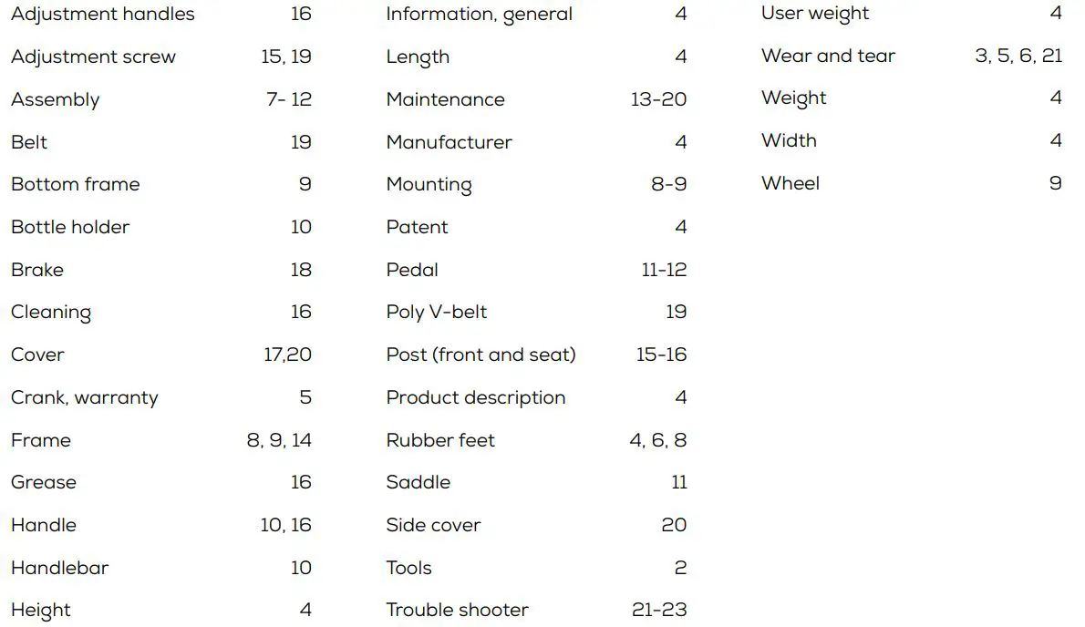 BODY BIKE Supreme Special Edition Indoor fietsen Indoor cycling Instruction Manual - INDEX