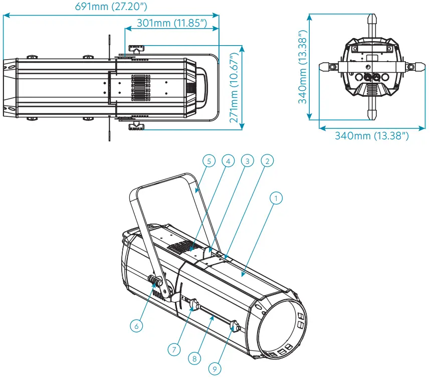 Centolight Square 200PZ 200W Led Profile Spot Light with Zoom, Beam Shaping Shutters and Gobo Slot - Dimensions and Overview
