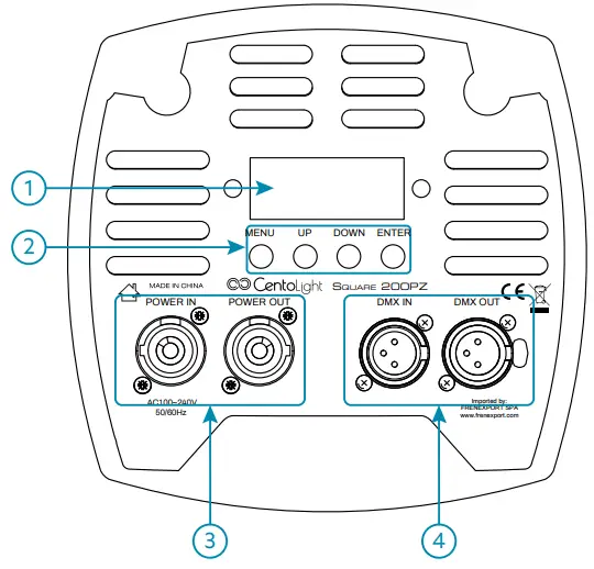 Centolight Square 200PZ 200W Led Profile Spot Light with Zoom, Beam Shaping Shutters and Gobo Slot - Rear Panel Description