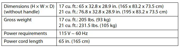 INSIGNIA 17 or 21 Cu. Ft. Upright Convertible Freezer - Specifications