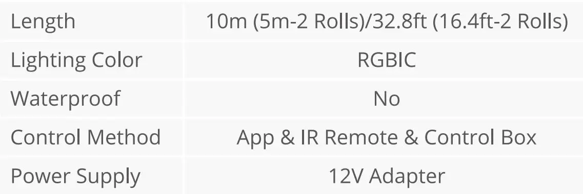Govee H6146 RGBIC Gradient Smart LED Strip Lights User Manual - Specifications
