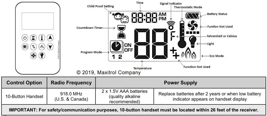 Ortal Wilderness Traditional 36-42 Fireplace - 10-Button Remote Control Handset