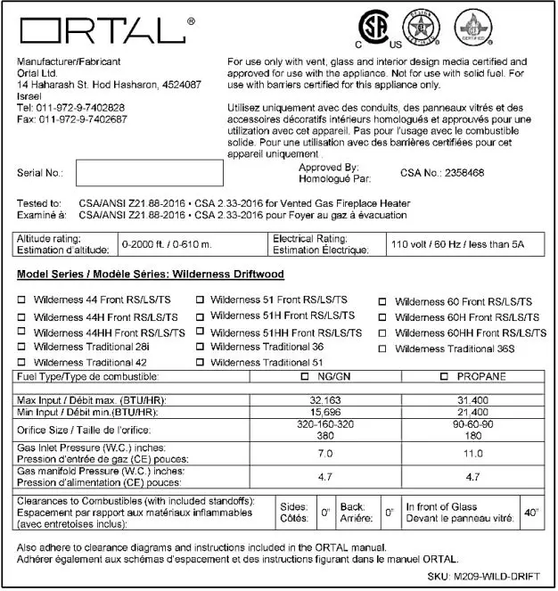 Ortal Wilderness Traditional 36-42 Fireplace - Rating Label
