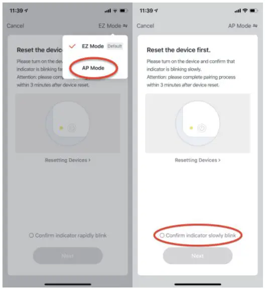 SKK WiFi Intelligent Household Alarm User Manual - Choose AP Mode and Select Confirm indicator slowly blink