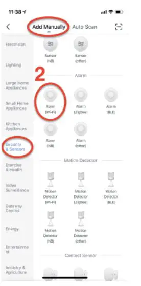 SKK WiFi Intelligent Household Alarm User Manual - Select Add Manually, Security & Sensors, then Alarm