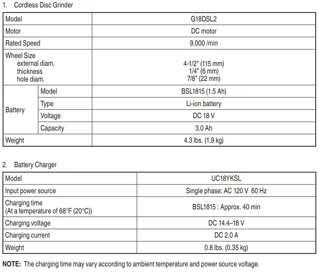 Metabo HPT Cordless Disc Grinder G 18DSL2 Instruction Manual - Specifications
