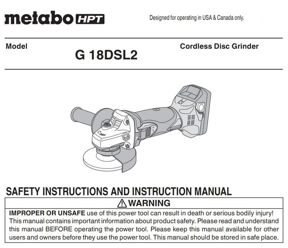Metabo HPT Cordless Disc Grinder G 18DSL2 Instruction Manual
