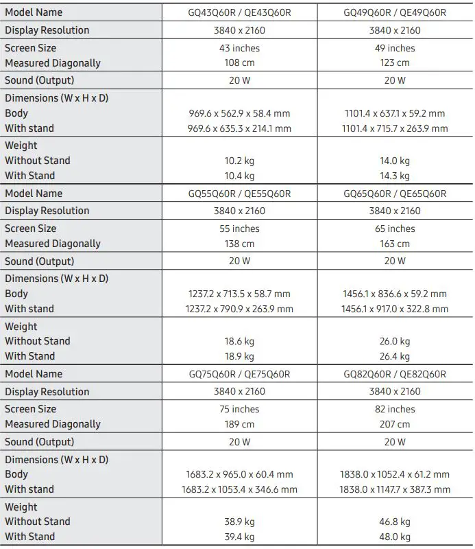 SAMSUNG Smart QLED TV - Specifications