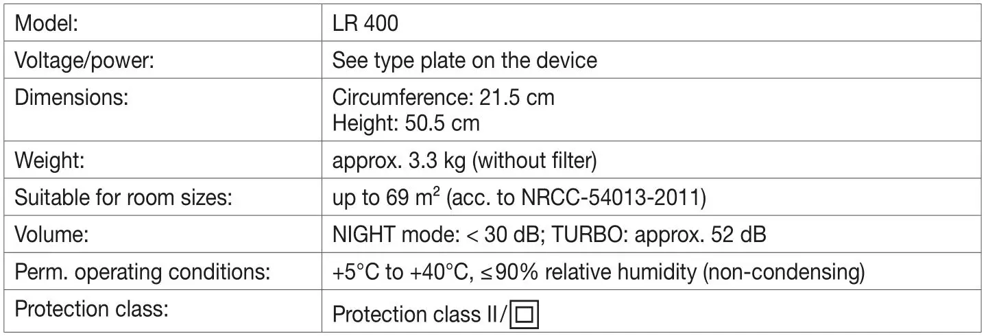 beurer LR 400 App-Controlled Air Purifier - TECHNICAL DATA