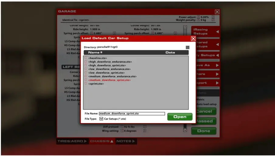 iRacing GT3 R Porsche 911 Racing Car User Manual - LOADING AN iRACING SETUP