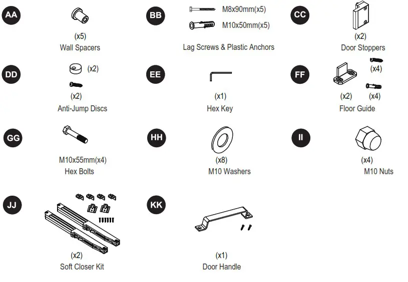 RELIABILT 07 2892 78 3 by 4 Inch Soft Close Interior Barn Door Hardware Kit - HARDWARE CONTENTS