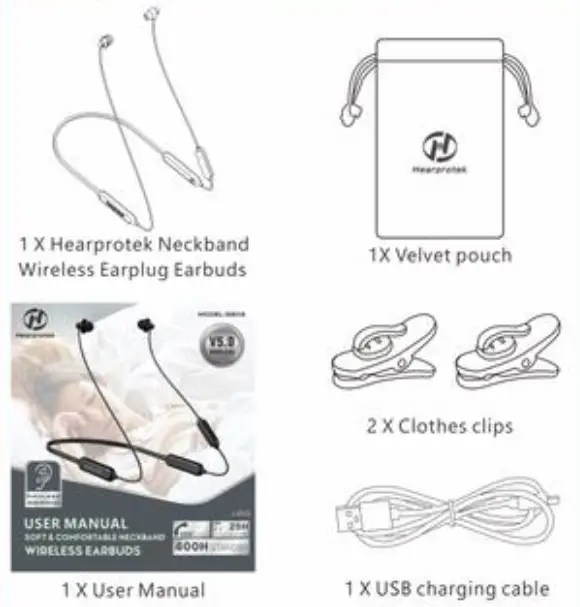 Hearprotek SE02 Soft and Comfortable Neckband Wireless Earbuds - package contents