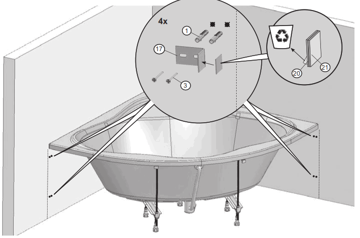 RAVAK NEWDAY1500 NewDay 150x150 Corner Bathtub - fig24