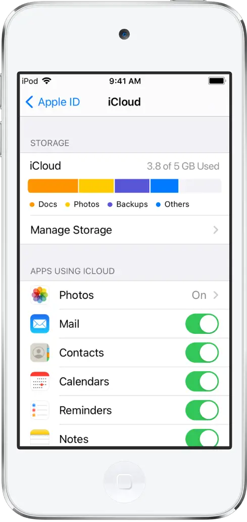 The iCloud settings screen showing the iCloud storage meter and a list of apps and features, including Mail, Contacts, and Messages, that can be used with iCloud.