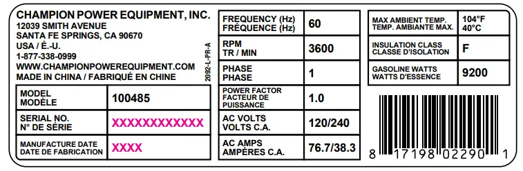 CHAMPION 100485 9200W Electronic Fuel Injection Generator - Fig 8