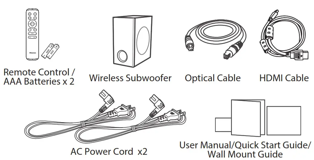 Hisense 2.1CH Soundbar with Wireless Subwoofer HS218 - what in box