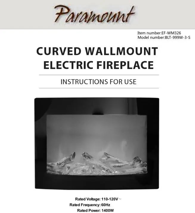 Paramount Curved Wallmount Electric Fireplace, BLT-999W-3-S User Manual