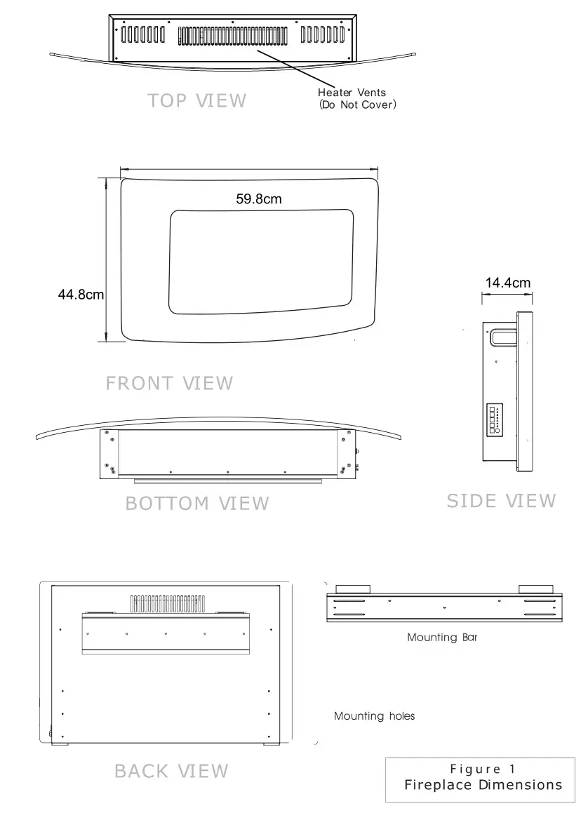 Paramount Curved Wallmount Electric Fireplace - Figure 1 Fireplace Dimensions