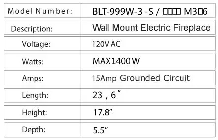 Paramount Curved Wallmount Electric Fireplace - Specification