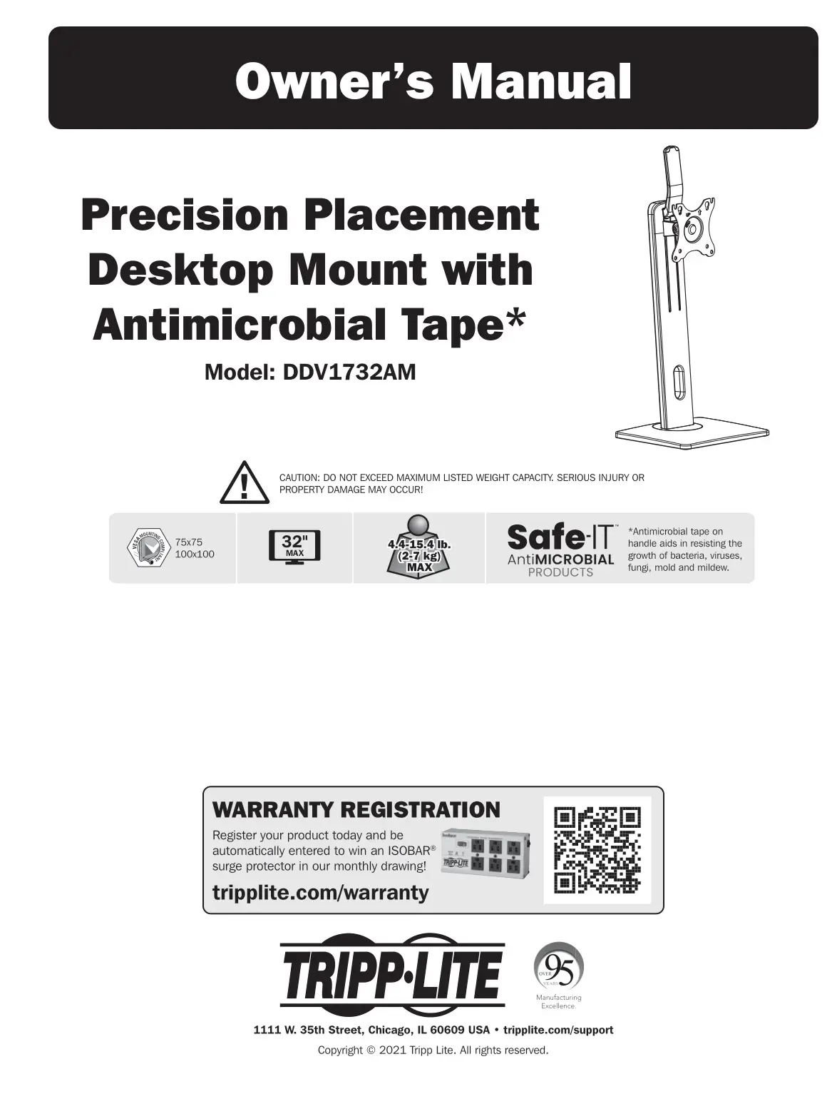 TRIPP-LITE DDV1732AM Precision Placement Desktop Mount with Antimicrobial Tape Owner's Manual